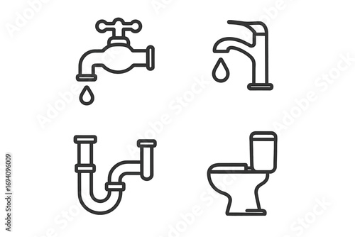 Plumbing icon set with faucet, toilet, and pipes. Bathroom fixtures and sanitary engineering line art collection. Water tap and drainage pipeline vector symbols for web.