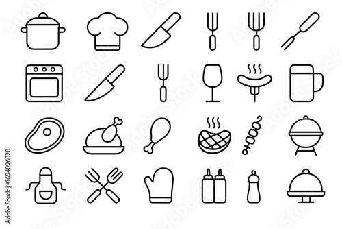 Kitchen and barbecue line icon set. Cooking food and grill outline symbols. Editable stroke vector pictograms for web design, apps, menu. Chef, meat, pot, utensils.
