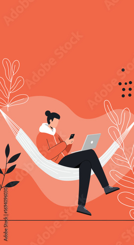 Person relaxing in a hammock, multitasking with a laptop and smartphone. Represents remote work, digital lifestyle, and leisure. Ideal for business, travel, and lifestyle concepts.