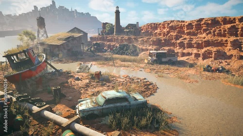 Overview of an abandoned desert settlement with rusted vehicles, a stranded boat, and crumbling buildings beneath a dry wasteland cliff, evoking post-apocalyptic survival themes.