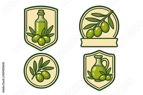 Olive oil label and logo template set with green olives, olive branches, and bottles of olive oil in cartoon style, natural organic food design elements, vector illustration