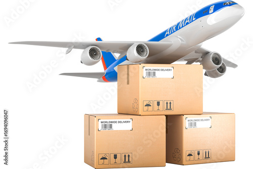 Parcels with mail aeroplane. Air freight concept, transparent background