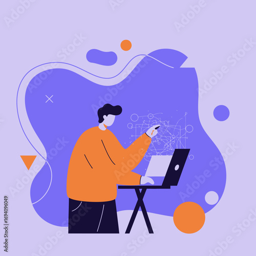 Professional man analyzing complex data and digital networks using a laptop. Ideal for concepts of business innovation, technology, programming, and strategic planning.