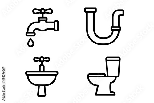 Plumbing service line icon set. Faucet, water pipe, bathroom sink, toilet outline pictograms. Home improvement, sanitary ware concept for web, apps, graphic design. Vector.