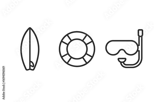 Summer vacation and water sports icon set. Line art symbols of surfboard, lifebuoy, and diving mask for beach and ocean activities. Minimalist vector pictogram for travel.