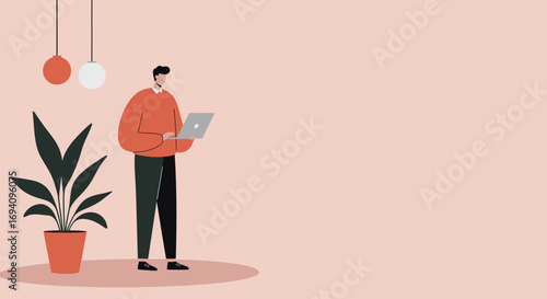 Modern man working remotely on a laptop in a cozy, minimalist home office setting. Ideal for themes of productivity, online business, or flexible lifestyle.