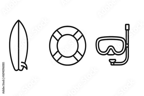 Water sports and summer travel line icon collection. Surfboard, life preserver, and snorkeling mask vector outline symbols. Simple pictograms for web, mobile apps, ui, ux.