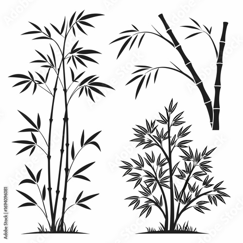 Black bamboo plant silhouettes with leaves and shoots