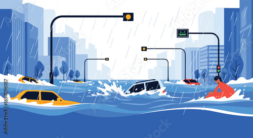 Urban flooding disaster scenes with cars submerged and people seeking shelter during heavy rainfall