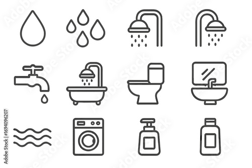 Water Droplet Bathroom Shower Icon Collection. Modern Editable Stroke Vector Set Featuring Faucet Bathtub Toilet Washing Machine Soap Bottle Sink Mirror Wave. Perfect for UI Placards Web Apps Design.