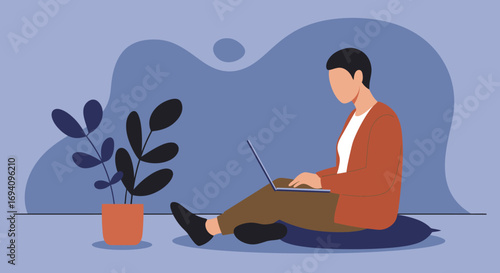 Person working remotely on a laptop in a comfortable home setting, embodying flexible work and modern productivity. Ideal for lifestyle and business concepts.