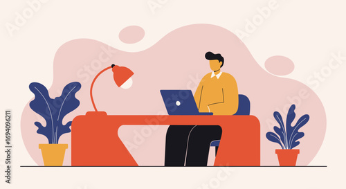A focused man works remotely on his laptop at a modern desk with plants, ideal for themes of business, productivity, and lifestyle.