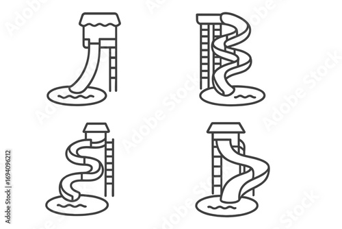 Water park slides thin line icons set. Spiral, straight, tube, curved aqua slides with stairs, pool, tower. Editable stroke vector illustration. Water playground, summer fun, amusement elements.