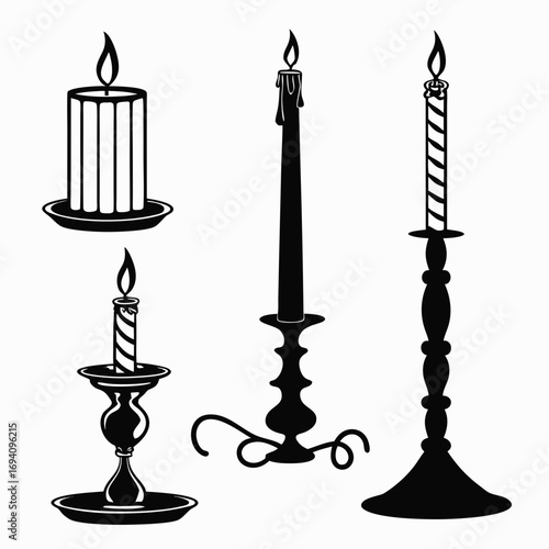 Black candle silhouettes with flames white