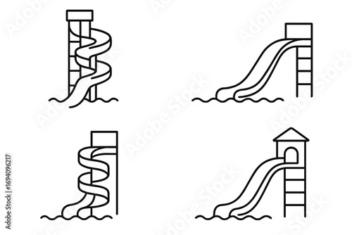 Water slide vector icon set, spiral and straight slides, swimming pool attraction, editable thin stroke, cartoon outline illustration, transparent background, aquatic park elements