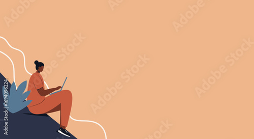 Focused person working remotely on a laptop in a relaxed, abstract outdoor setting. Represents freelance work, online education, or a digital nomad lifestyle with ample copy space.