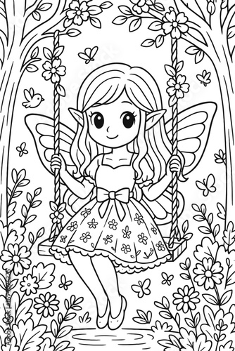 Enchanting fairy with wings on a swing surrounded by flowers coloring page