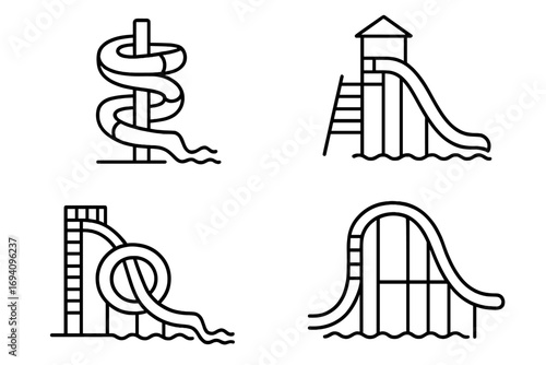 Water park slide vector icon set. Spiral, straight, loop, curved water slides collection. Editable stroke thin line design. Aquatic park attraction symbols for web, books, apps, transparent background