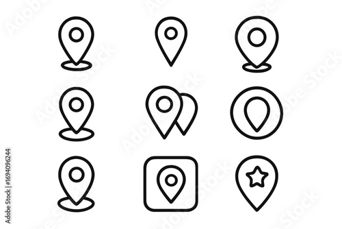 Minimalist Line Map Pin Icons Set. Linear Location Marker Symbol Outline. GPS Navigation Pointers. Web, App, Banner, UI, Social Media, Card Design Elements. Vector Illustration Collection