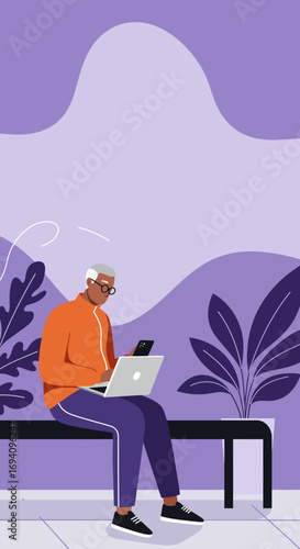 An elderly man sitting on a bench in a park works on his laptop while holding a smartphone, surrounded by stylized plants and a calming purple background.