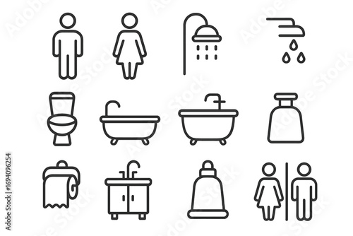 Bathroom and toilet line icon set. Collection of outline signs for restroom, WC, and washroom. Includes symbols for man, woman, shower, bath, hygiene and public facilities.