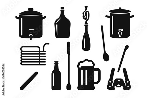 Set of homebrewing equipment icons for craft beer. Vector silhouette illustration of brewery tools. Homebrew kit elements for making beer. Mash tun, carboy, fermenter.