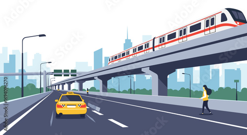 Modern city transportation systems elevated train and road traffic interacting with urban landscape