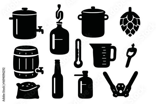 Set of home brewing equipment icons. Craft beer making tools silhouette. Vector illustration for brewery or homebrew enthusiast. Includes kettle, carboy, barrel and hops.