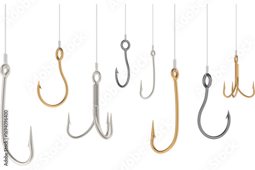 Many Fishing Hooks on fishing lines, transparent background