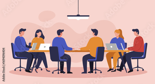 Diverse business team collaborating in a modern office meeting room. Professionals discussing strategy, working on laptops, fostering teamwork and productivity.