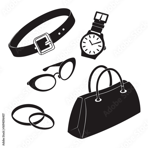 Black fashion accessories collection belt wristwatch