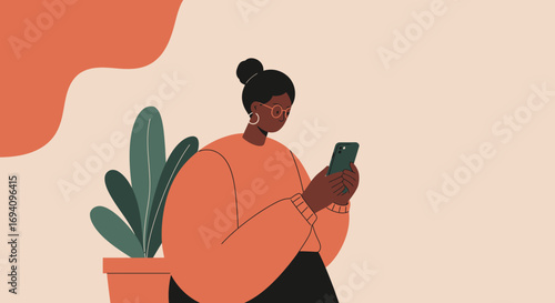 Stylish woman uses her smartphone for digital communication and online engagement. Ideal for technology, modern lifestyle, and social media concepts.