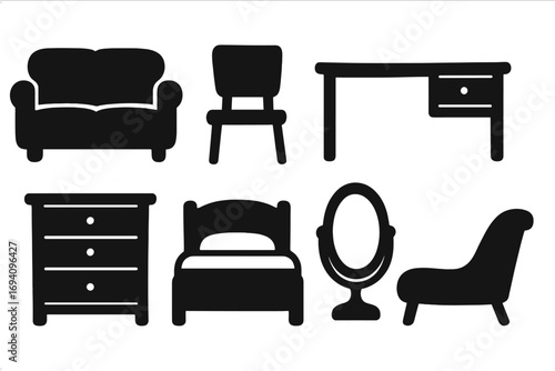 Furniture icons silhouette set. Collection of home decor elements like sofa, chair, desk, dresser, bed, mirror, chaise lounge. Vector graphic for interior design concept.
