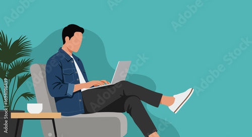 Modern man working remotely on a laptop from a comfortable armchair at home, showcasing flexible work, technology, and a casual lifestyle.