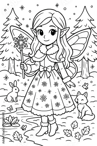 Enchanting winter fairy with snowflake wand in a snowy forest scene line art