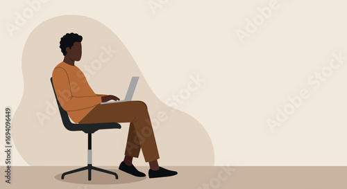 An illustrative depiction of a focused African American man sitting on an office chair, working on a laptop. Ideal for themes of remote work, online learning, productivity, and modern business.
