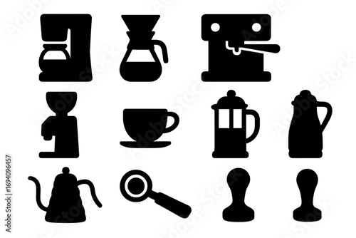 Coffee equipment silhouette icon set. Barista tools for cafe and coffee shop. Vector collection includes espresso machine, grinder, french press, kettle, and pour over maker.