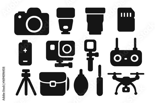 Photography and videography gear solid icon set. Professional photographer equipment symbols. Vector collection of camera, drone, lens, flash, action cam graphic elements.
