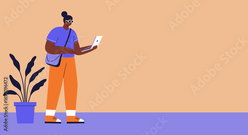 Illustration of a stylish woman working remotely on her laptop. Perfect for themes of online education, modern work, digital lifestyle, and global connectivity.