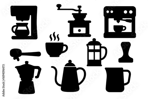 Set of coffee icons. Coffee shop equipment silhouette collection. Barista tools, espresso machine, moka pot, french press, grinder. Vector illustration for cafe menu, logo.