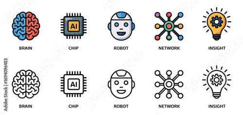 core ai concepts icon set with brain, chip, robot, network and insight symbols, vector illustrations for artificial intelligence fundamentals