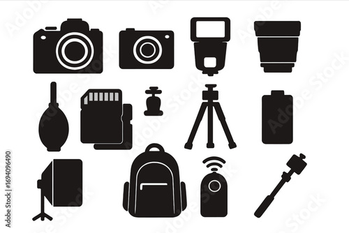 Photography gear icon set. Silhouette vector illustration of modern photographer accessories. Camera, lens, flash, tripod, memory card, battery, equipment gadgets isolated.