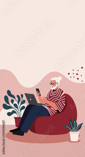 Senior man comfortably uses laptop and smartphone at home, embodying a modern digital lifestyle. Perfect for remote work, elderly technology use, and connected living concepts.