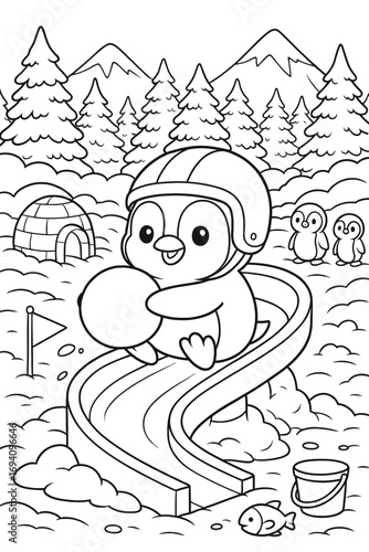 Penguin on a Slide with Winter Scenery and Igloo in a Line Art Style