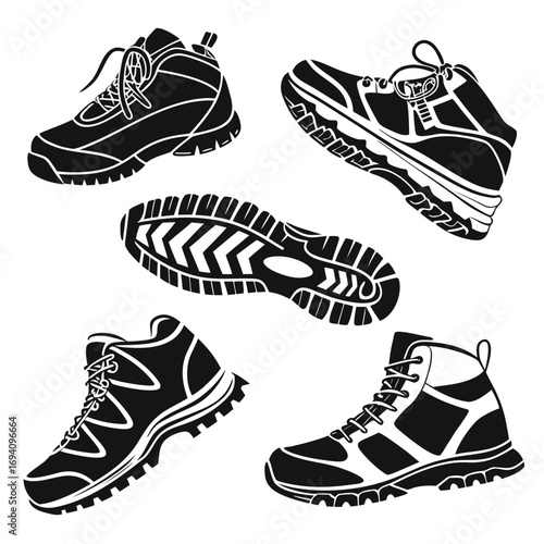 Black hiking boots and shoe soles outdoor shoes footwear