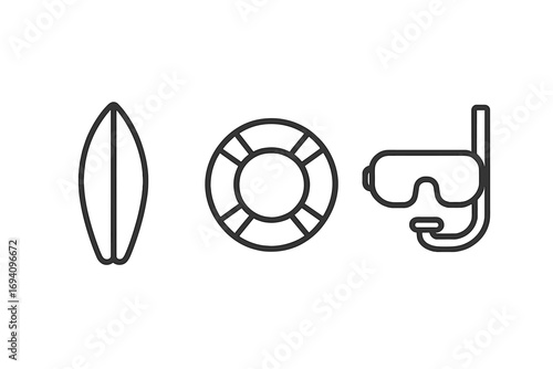 Water sports and summer vacation line icon set. Surfboard, lifebuoy, diving mask and snorkel. Minimal linear pictogram bundle for web, graphic design, apps and travel.