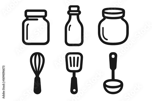 Set of simple kitchen icons. Cooking utensils and containers. Black line art vector illustration. Jar, bottle, whisk, spatula, ladle symbols for food preparation design.