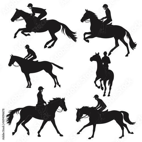 Black horse riders in motion silhouette equestrian