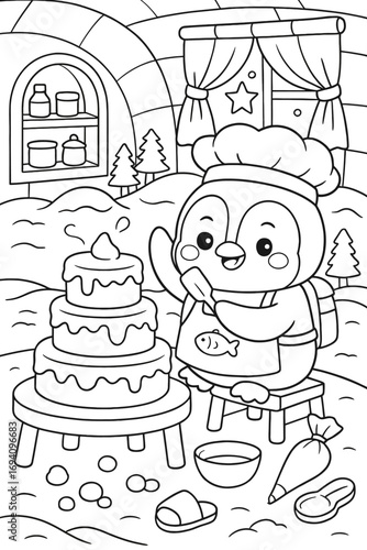 Penguin chef baking a cake in an igloo kitchen coloring page design