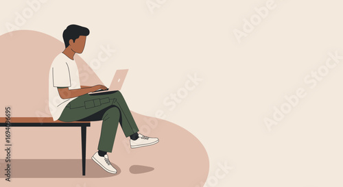 Illustration of a person casually working on a laptop while sitting on a bench. Depicts remote work, online learning, or digital freelancing, emphasizing productivity and modern connectivity.